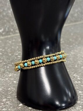 Plunder Bohemian Elastic Bracelet Stack Jasmine Mini Beads Gold Tone Turquoise